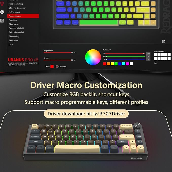 Redragon 60% Wireless Mechanical Gaming Keyboard, Full Aluminum Shell, Bluetooth/2.4GHz/USB-C, Hot Swappable Pre-lubed Linear Switches, Gasket Structure, Creamy Sound, Metal Knob, RGB Light