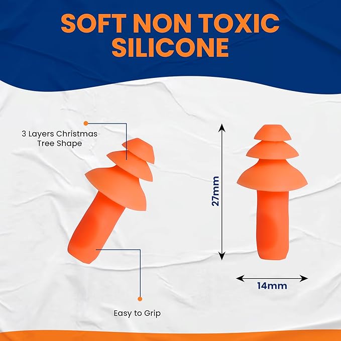 100 Pairs of Orange Reusable Ear Plugs - Individually Wrapped, Providing Ear Protection & Noise Reduction up to 25dB NRR - Bulk Silicone Ear Buds for Motorcycle, Gun Range, Shooting, Sleeping, Work