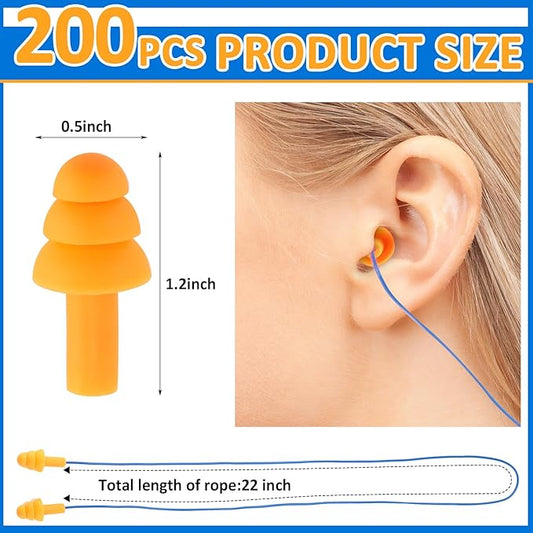 Xuhal 200 Pairs Corded Ear Plugs Waterproof Silicone Corded Earplugs Bulk Reusable Noise Cancelling and Hearing Protection for Sleeping Snoring Swimming Shooting Study Construction