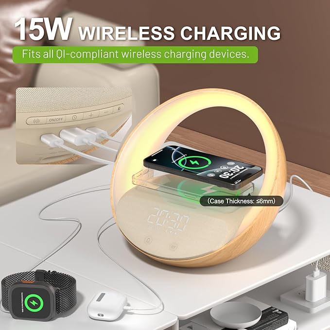 Bluetooth Alarm Clock, Sunrise Simulation Wake Up Night Light, 15W Fast Wireless Charging Alarm Clock for Bedroom, 10W Bluetooth Stereo Sound Speaker, USB Charger Port