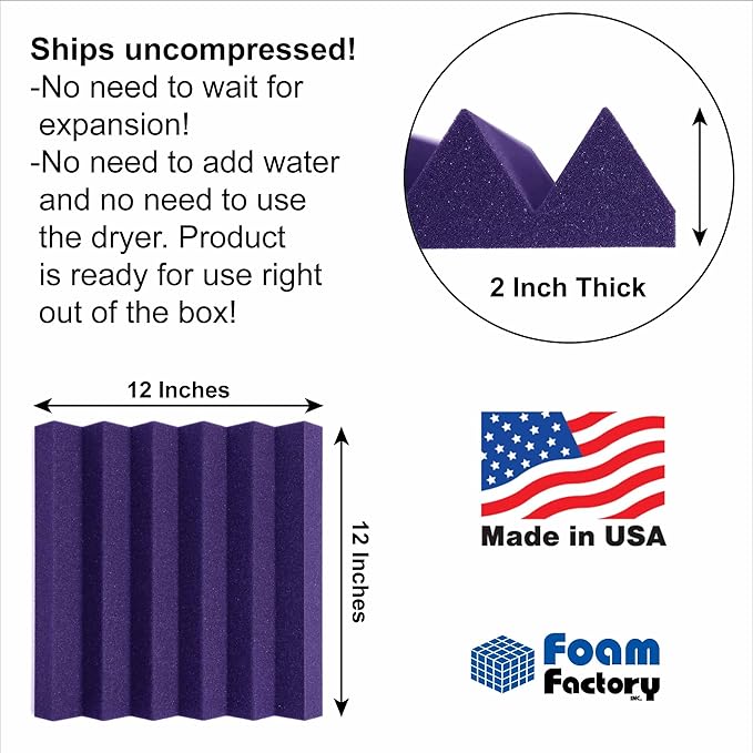 Foam Factory Inc 24 Pack Color Acoustic Foam Panel Studio Soundproofing Wedge Wall Tiles 12” X 12” X 2” (Purple)