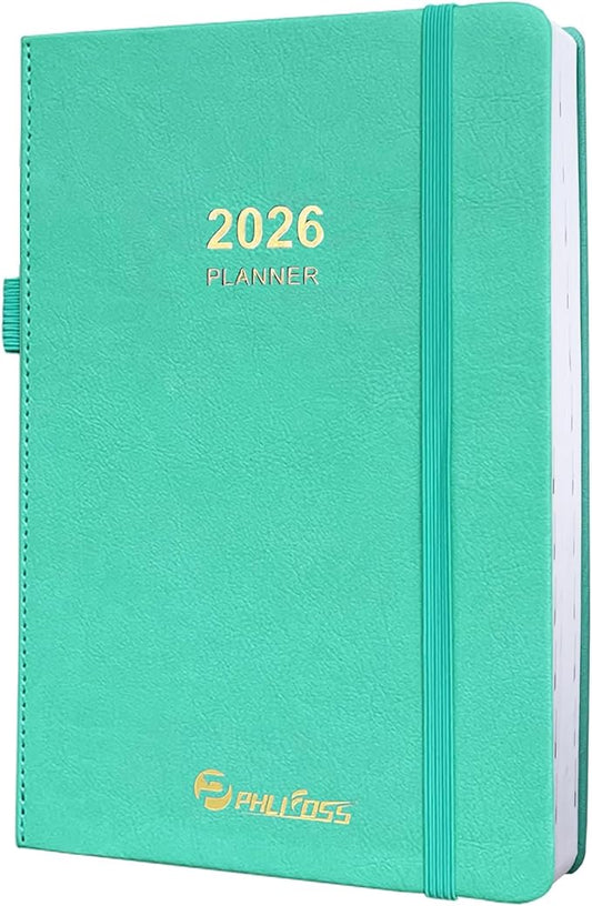 2026 Daily Planner/Calendar, One Page Per Day, Daily Monthly Agenda Planner with Time Slots and Monthly Tabs, Jan - Dec 2026, 5.7" x 8.25" Appointment Book, Pen Holder, Leather Cover (2026-Lake Green)