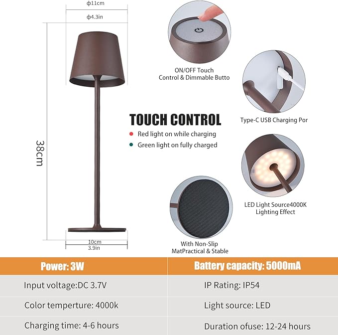 2 Pack Cordless Table Lamp, 5000mAh Portable Rechargeable LED Desk Lamp, 3 Color Modes Stepless Dimming Table Light with Memory Function, for Dinner, Patio, Home, Restaurant.