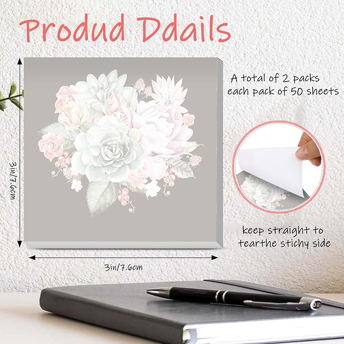 Sticky Notes 3x3 Inches, 2 Pads Cute Colorful Self-Stick Note Pads, Easy to Post for Home, Office and Daily Life Organization Beautiful Flower