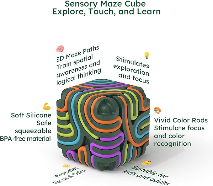 Accevo 3D Sensory Activity Board, Silicone Fidget Cube Toy for Stress Relief, Calming, Focus, ADHD and Autism, 5 Colors Sensory Toys Game Controller for Kids 3+ & Adults with 15 Strings