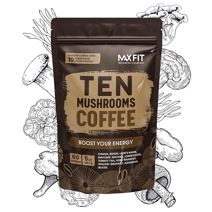 Mushroom Coffee (60 Servings) 10 Mushrooms (Lion’s Mane, Cordyceps, Turkey Tail & Other) Mixed With Gourmet Arabica Instant Immune Boosting Coffee for Focus & Gut Health Support