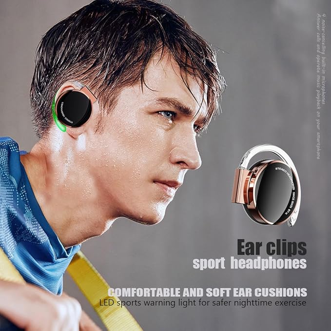 Open-Ear Headphones Bluetooth V5.3, On Ear Headphones Wireless with Earhooks, Ear Clip On Earphones, Sports Headset Bluetooth with 4 Microphones, Noise Cancelling/Long Battery Life
