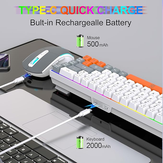 Snpurdiri 60% Wireless Gaming Keyboard and Mouse Combo,Rainbow Backlit Rechargeable 2000mAh Battery,Mini Mechanical Feel Keyboard +Popular RGB Mice for Gaming,Business Office(Gray-White-Orange)