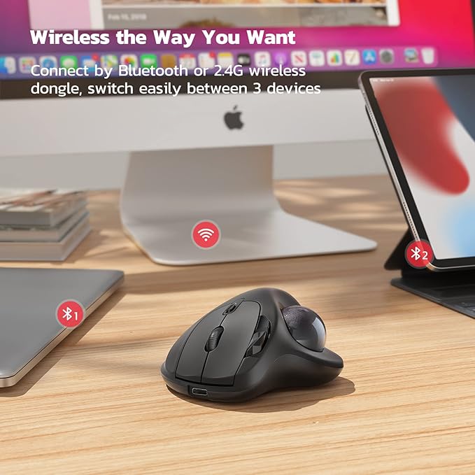 Nulea M501 Wireless Trackball Mouse, Rechargeable Ergonomic, Easy Thumb Control, Precise & Smooth Tracking, 3 Device Connection (Bluetooth or USB Receiver), Compatible for PC, Laptop, Mac, Windows.