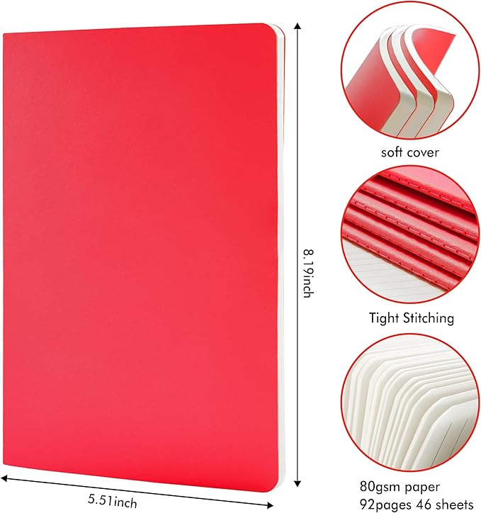 16 Pack Soft Cover Journal Bulk, Feela Lined Notebooks College Ruled for Work for Women Girl Writing, Blank Travel Journal Note Taking Notebook School Business Supplies, 8.2” x 5.5”, A5, Red