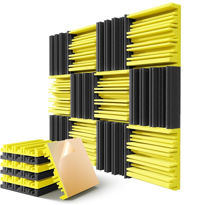 12 Pack Acoustic Foam Panels for Walls, 12" x 12" x 2" Soundproof Wall Panels, Self-Adhesive Soundproofing Padding, High Resilience Sound Absorbing Panels for Home Studios, Offices - Black & Yellow