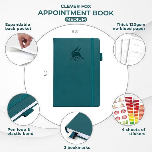 Clever Fox Appointment Book – Hourly Schedule Planner with Time Slots – Time Box Planner for Daily Work & To-Dos – Weekly & Monthly Spreads, Undated, Hardcover, A5 Size (Dark Teal)