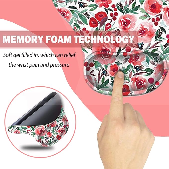 Mouse Pad with Wrist Support, TuLuLu Ergonomic Gel Wrist Rest Pad with Non-Slip PU Base，Comfortable Computer Mouse Pad for Laptop Gaming Office Home Easy Typing & Pain Fatigue Relief, Red Flowers