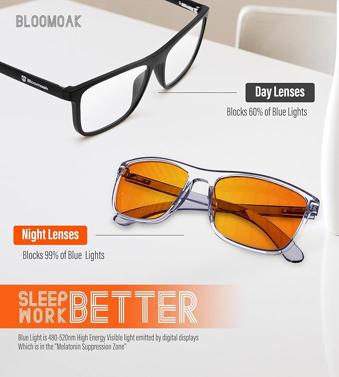 Bloomoak-99% Blue Green Light Blocking Glasses - Gaming Glasses - Anti Glare - Anti Fatigue -Suitable for Screens, Games, TVs