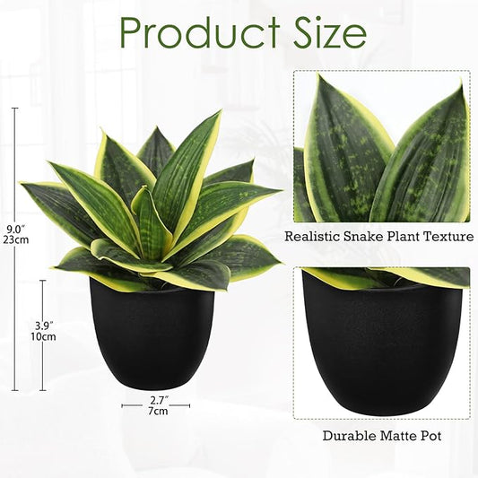 Hollyone Artificial Snake Plants 9" Faux Agave Succulent Plant Potted in Black Pot Fake Sansevieria Aloe Tropical Plant for Desk Modern Office Home Bathroom Indoor Outdoor Decor