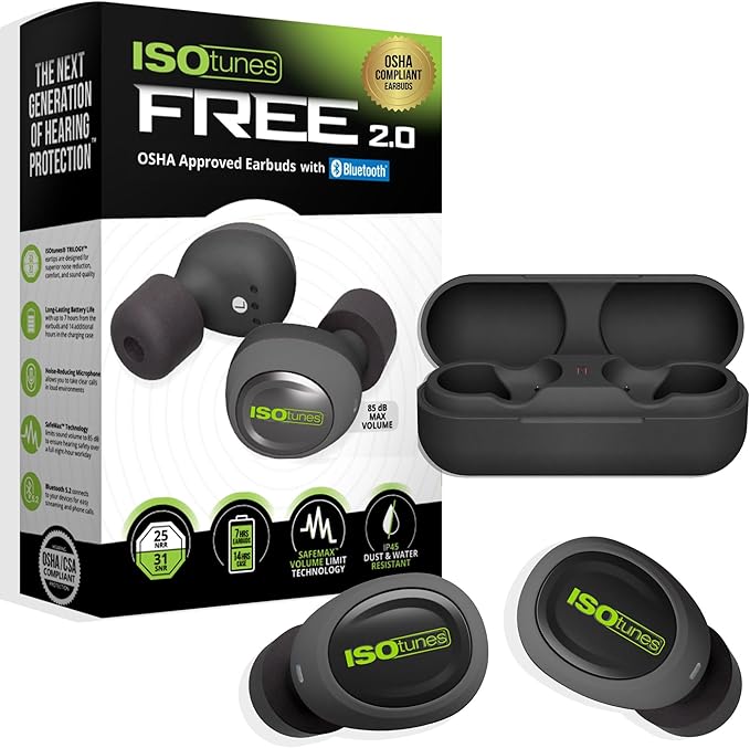 ISOtunes Free 2.0 Bluetooth Hearing Protection Earbuds - 25 dB NRR OSHA Approved Earbuds, Wireless Bluetooth Earplug Headphones for Work