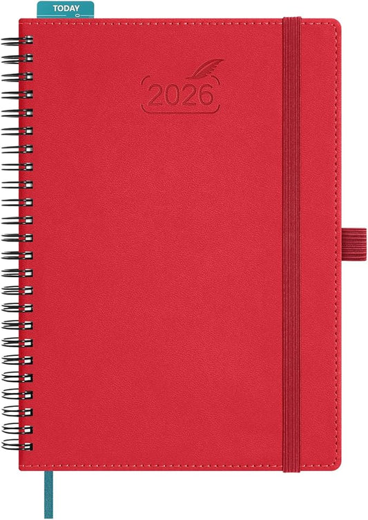 BEZEND 2026 Planner Weekly and Monthly (6" x 8.5" Spiral) Daily Calendar with Half-Hourly Timeslots & Tabs (Jan-Dec) Note & Expenses, Pen Holder, Inner Pocket, Vegan Leather Softcover - Red
