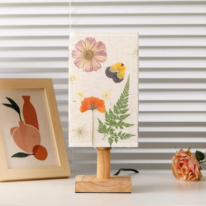 Dried Flowers Table Lamp 5W LED 3Color Temperatures Pressed Flower Bedside Lamp Square Linen Shade with Wood Base for Bedroom Living Room