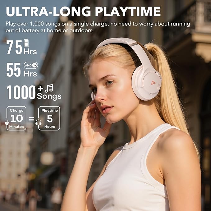 1Mii Y8+ Noise Cancelling Headphones Bluetooth, Wireless LDAC Hi-Res Audio, Custom EQ via App, 75H Playtime, Comfort Fit, Over Ear Headphones Foldable for Airplane Travel Home Office Cream White