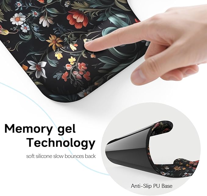Ergonomic Mouse Pad with Gel Wrist Rest (1"& 1.2" Dual Height) - Mouse Pads Compact Mousepad Desk Mat Office, Gaming & Carpal Tunnel Relief | Non-Slip Rubber Base Dark Floral