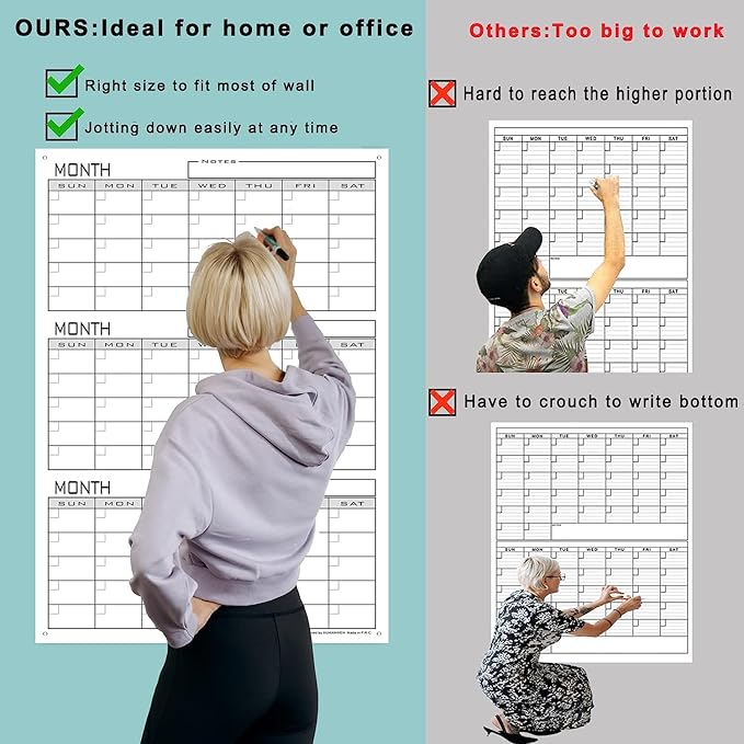 Large 3 Month Dry Erase Calendar For Wall,36x24 Inch Jumbo Undated Three Month Whiteboard Calendar For Medium Office,Giant Reusable Laminated 90 Days Vertical Wall Planner Poster For Home,School