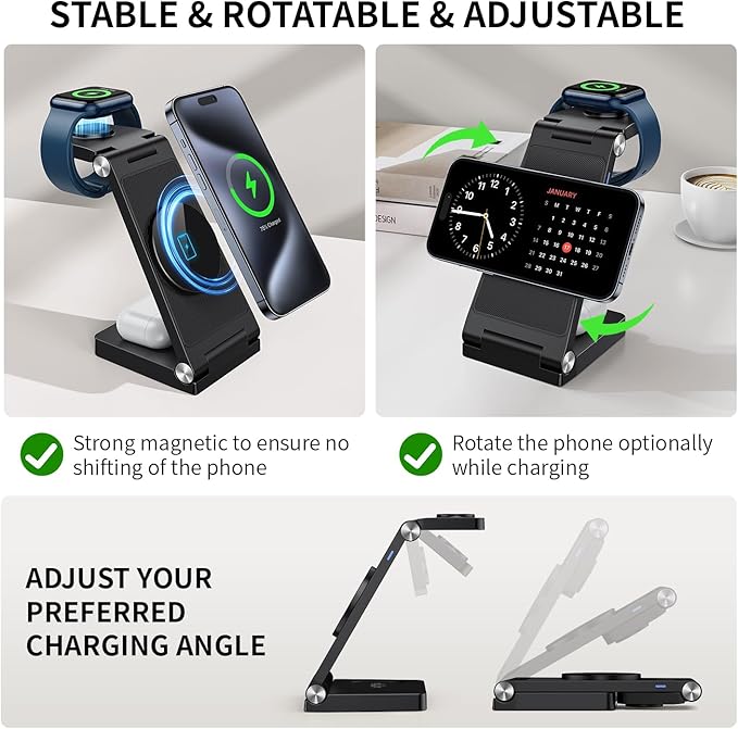 2025 Traveling Wireless Mag-Safe Fast Charging Station,Magnetic 3 in 1 Charger with Light for iPhone 16 15 14 13 12 Pro Max Plus,Apple Watch Series & Air pods 4 3 2 Pro-Gifts for Wife & Husband