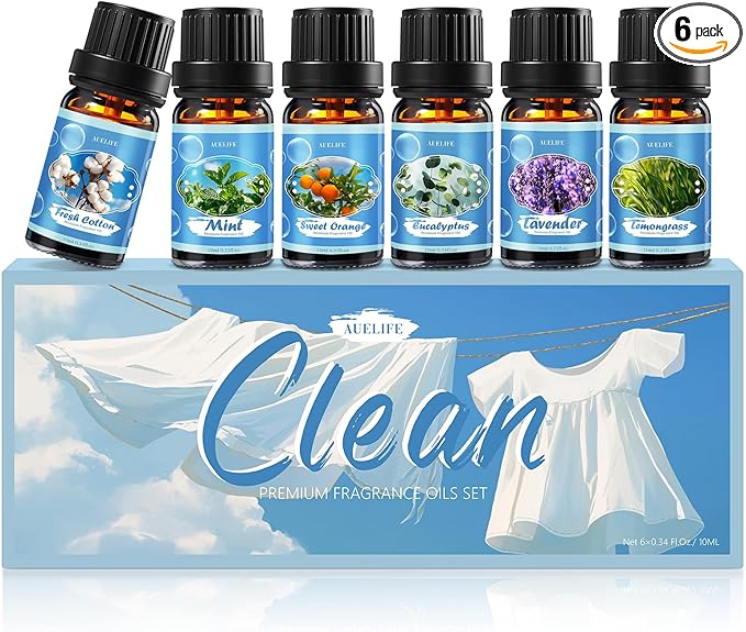 Clean Essential Oils Set for Diffuser & Candle Making | 6 Pack Premium Aromatherapy Oils Gift Set - Lavender, Eucalyptus, Mint, Sweet Orange, Lemongrass, Clean Cotton for Home, Relaxation & DIY