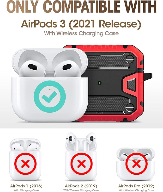 Koaichi Compatible with AirPods 3rd Generation Case(2021), Full-Body Rugged Hard Shell Protective Case Cover with Keychain Designed for AirPods 3 Case, Black/Red [US Patent Registered]