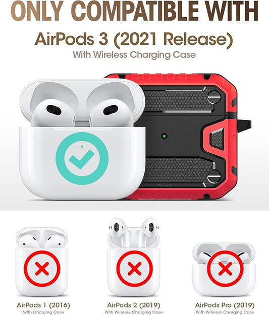 Koaichi Compatible with AirPods 3rd Generation Case(2021), Full-Body Rugged Hard Shell Protective Case Cover with Keychain Designed for AirPods 3 Case, Black/Red [US Patent Registered]