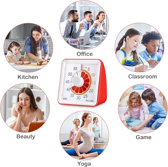 Secura 60-Minute Visual Countdown Timer for Kids & Adults, Classroom Time Management Tool (Red)