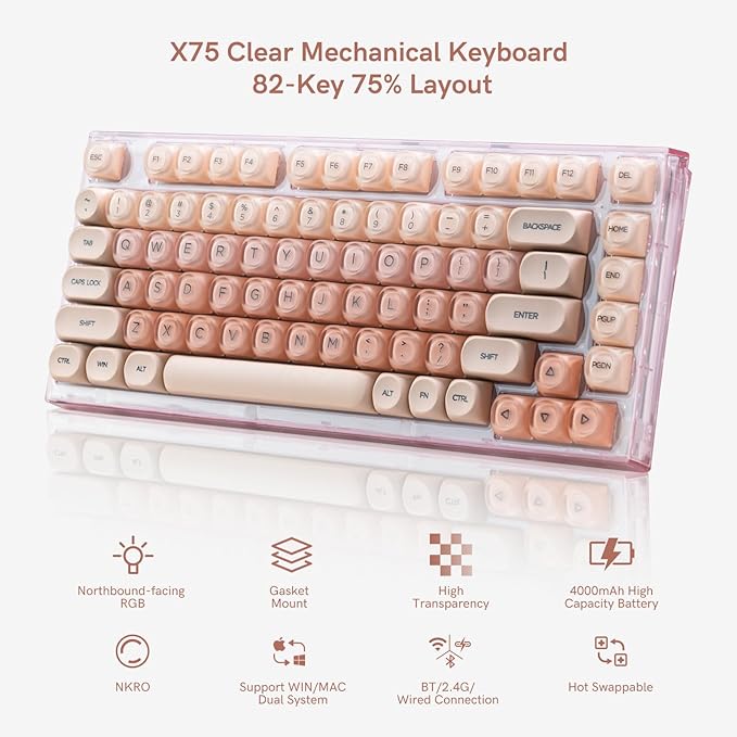 X75 75% Wireless Mechanical Keyboard, Hot Swappable Computer Creamy Keyboard, Foundation Jelly Keycaps, Pre-lubed Switches Gasket Mount RGB Backlit Gaming Keyboards for Wins/Mac, Pink