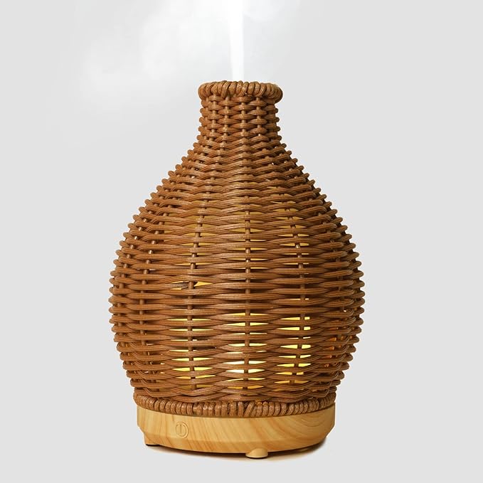 Rattan Woven Essential Oil Diffuser, Aroma Humidifier with Timer and Waterless Auto-Off, 80ML Ultrasonic Aromatherapy Diffuser with Warm Light for Office and Home