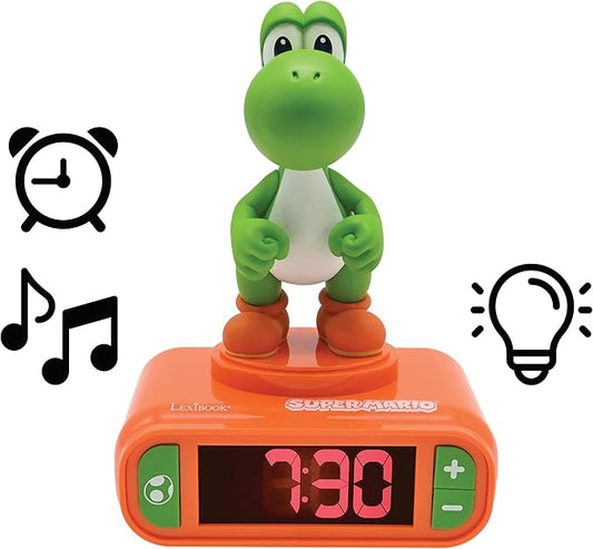 LEXiBOOK, Super Mario, Yoshi Nightlight Alarm Clock, Sounds and Melodies, LCD Backlit Screen, Luminous, Snooze, Red/Green, RL800NI1
