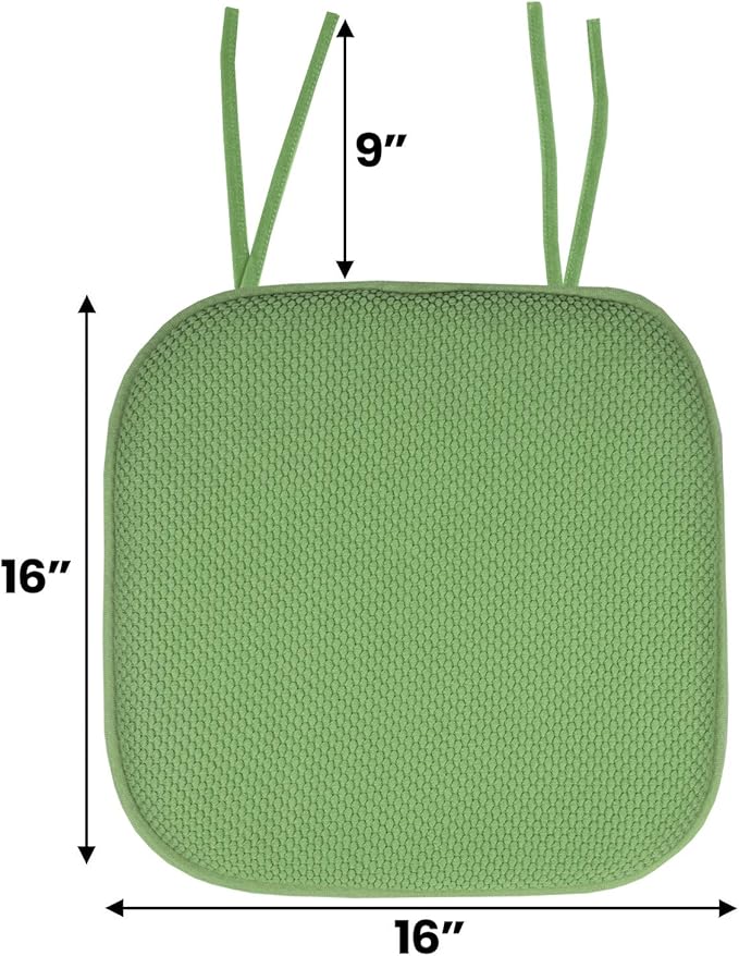 Sweet Home Collection Chair Cushion Memory Foam Pads with Ties Honeycomb Pattern Slip Non Skid Rubber Back Rounded Square 16" x 16" Seat Cover, 6 Pack, Green 6 Pack