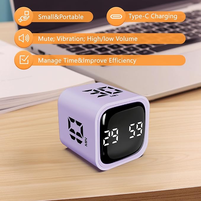 GuDoQi Multi-Function Cube Timer, 5/10/30/60 Min & Custom Count Down, Included Pause & Resume Feature, Silent, Vibrate & Adjustable Sound Alarm for Productivity in Tasks, Study & Kitchen, Purple