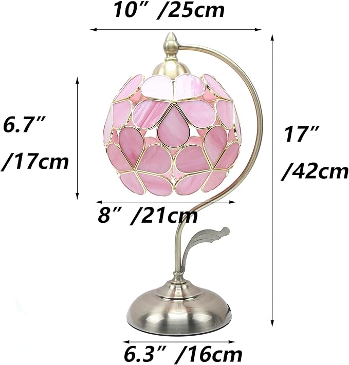 Bieye L10836 Tiffany Style Stained Glass Flower Petal Table Lamp with Brass Base for Home Décor (Pink, 8“ Flower Ball)