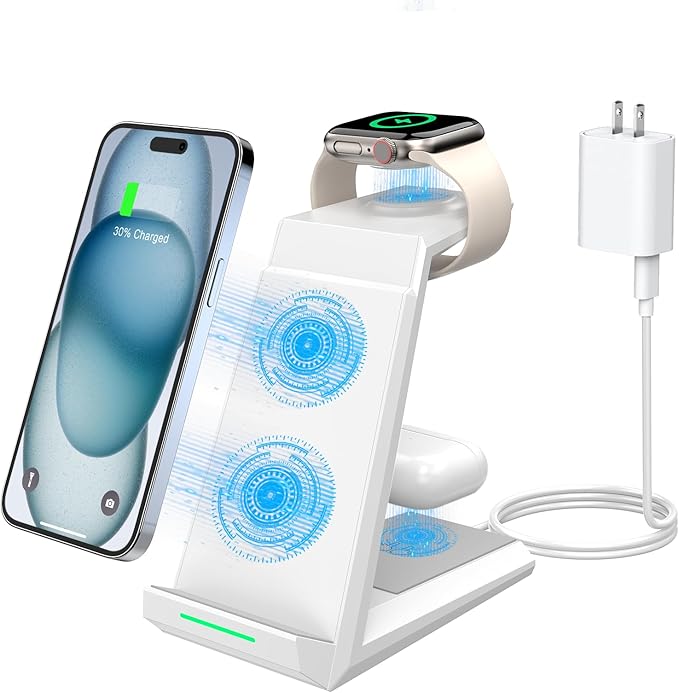 Wireless Charging Station for iPhone - 3 in 1 Charger Stand for iPhone 17 16 15 14 13 12 11 Pro Max Plus,Charging Dock for Apple Watch 8/7/SE/6/5/4/3/2, AirPods Pro(5 ft Cable&Adapter Included)