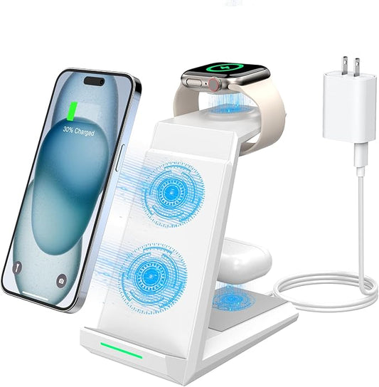 Wireless Charging Station for iPhone - 3 in 1 Charger Stand for iPhone 17 16 15 14 13 12 11 Pro Max Plus,Charging Dock for Apple Watch 8/7/SE/6/5/4/3/2, AirPods Pro(5 ft Cable&Adapter Included)