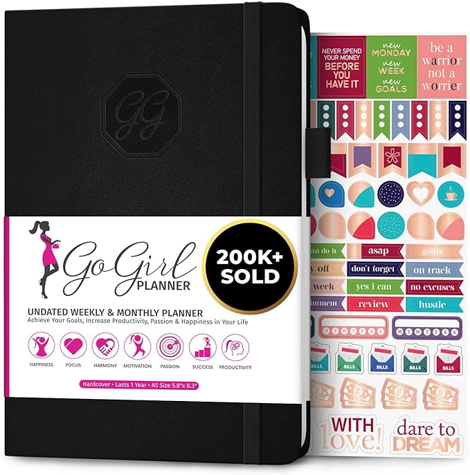 GoGirl Planner and Organizer for Women – A5 Size Weekly Planner, Goals Journal & Agenda to Improve Time Management, Productivity & Live Happier. Undated – Start Anytime, Lasts 1 Year – Black