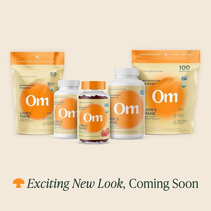 OM MUSHROOM SUPERFOOD Lion's Mane Mushroom Capsules Superfood Supplement, 180 Count, 60 Days, Fruit Body and Mycelium Nootropic for Memory Support, Focus, Clarity, Nerve Health, Creativity and Mood