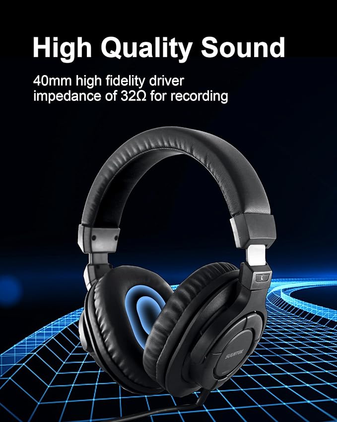 Over Ear Wired Headphones MR810, Studio Monitor Headset with Closed Back Design Flexibale Professional Stereo Headphone with 3m Cable for Studio Monitering, Recording, Podcasting (Black)