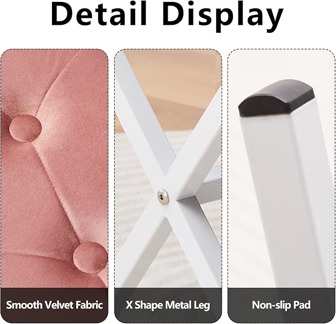 Wimarsbon Ottoman Foot Stool Tufted Vanity Stool Ottomans Thickened Cushion Footstool Mulifunctional Shoe Changing Seat Step Stools with Metal X Leg for Living Room Bedroom Velvet Dusty Pink