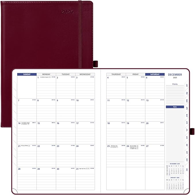POPRUN Monthly Planner 2026-2027 (Large-8.25'' x 11.75''), 16 Months Calendaer (Dec 2025-Mar 2027) Appointment Book with Stair Tabs, Inner Pockets, Pen Holder, PU Leather Softcover - Burgundy