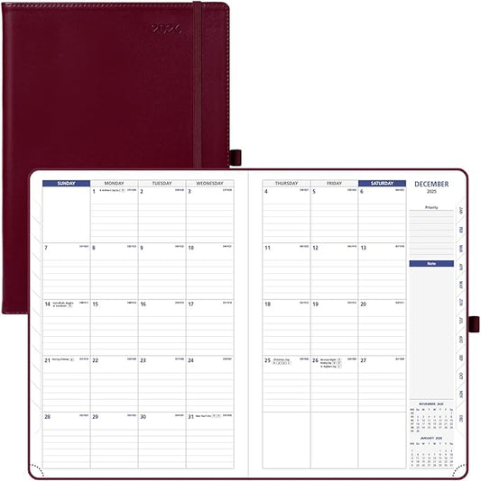 POPRUN Monthly Planner 2026-2027 (Large-8.25'' x 11.75''), 16 Months Calendaer (Dec 2025-Mar 2027) Appointment Book with Stair Tabs, Inner Pockets, Pen Holder, PU Leather Softcover - Burgundy