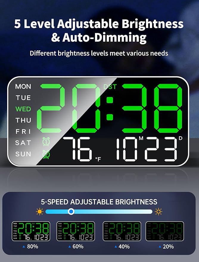 MASHI 8.4''Large Digital Wall Clock, Led Alarm Clock with Big Digits, Date, Temperature, DST, Modern Decor Design for Desk,5-Level Brightness for Room, Bedroom, Gift, Yougster and Elderly