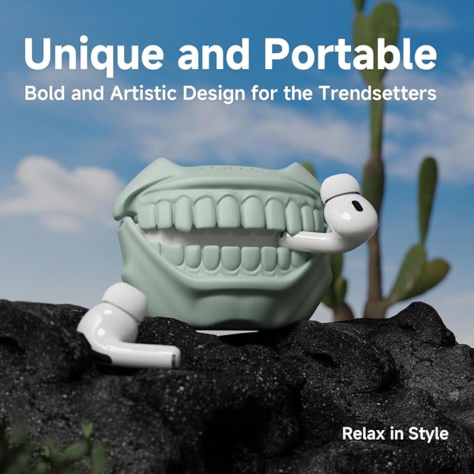 for AirPods Pro 2nd Generation Case, Unique Funny Teeth Design, Soft Silicone Shell, Compatible with Wireless Charging (Cloud Green)