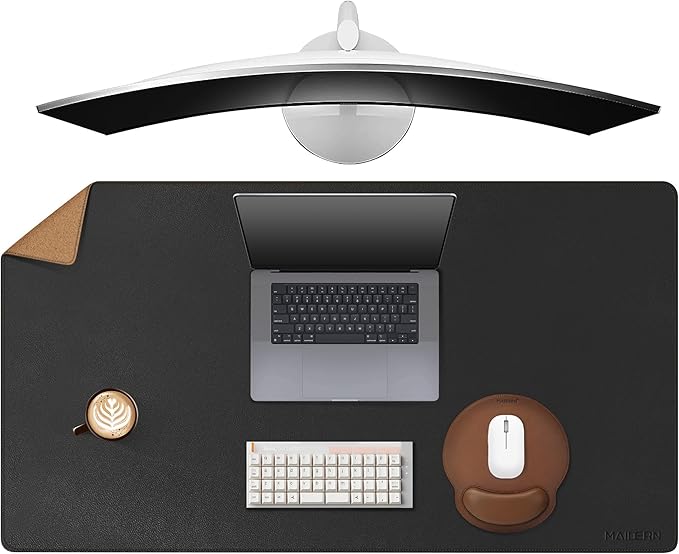 MAIDERN 43.3”x 19.6” Leather Desk Pad, Large Desk Mat, Reversible Cork & Leather Large Mouse pad for Desk, Waterproof Computer Desk Pad for Gaming Home Office (Black) …