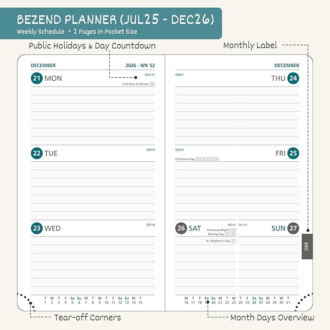 BEZEND Pocket Planner 2025-2026 Weekly and Monthly, 3.5" x 6" Academic Planner (Jul 25-Dec 26) 18-Month Mid-Year Calendar Book, Storage Pocket, Pen Holder, PU Leather Hardcover - Blueberry