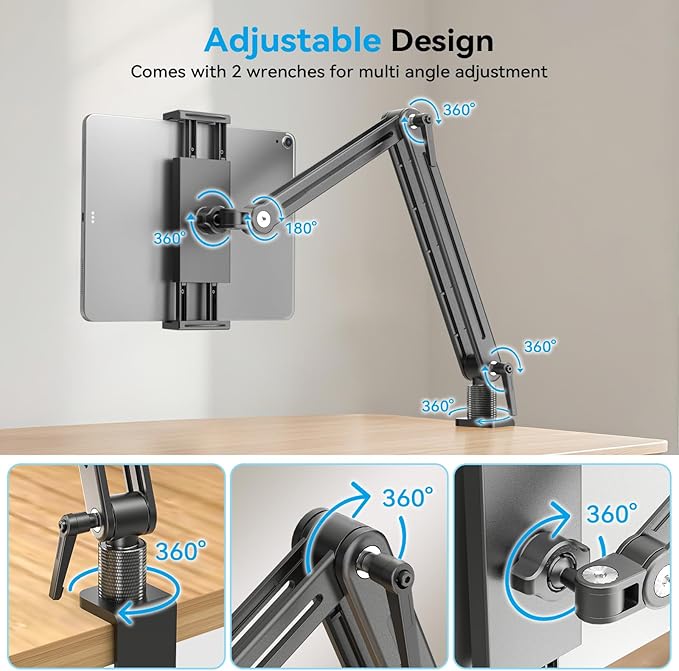 Jakeko Adjustable Tablet Mount for Desk - 360 Degree Rotating Base Tall Arm Holder Stand Swivel Flexible Clamp Soporte para Tablet/Portable Monitor/Ebook