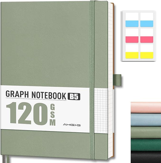 AHGXG Graph Paper Notebook - Grid Notebook Journal, 120 GSM Thick Graph Paper, Large B5 Notebook 96 Pages, Leather Softcover, for Graphing, Writing, Math, Engineering, 7.6'' X 10'' - Sage Green